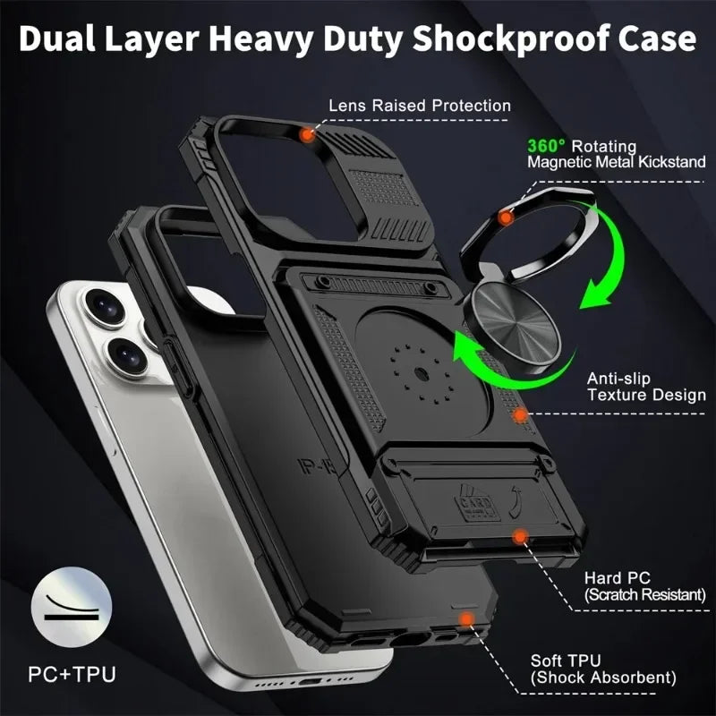Case for Iphone 16 15 14 13 12 11 Pro Max XS XR 8 7 plus Magnetic Rotated Ring Kickstand Heavy Duty Drop Protection Wallet Cover